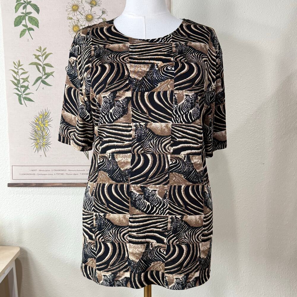 Vintage 90s Y2k Checkered Zebra Graphic Print Oversized Tunic Top Grunge L
